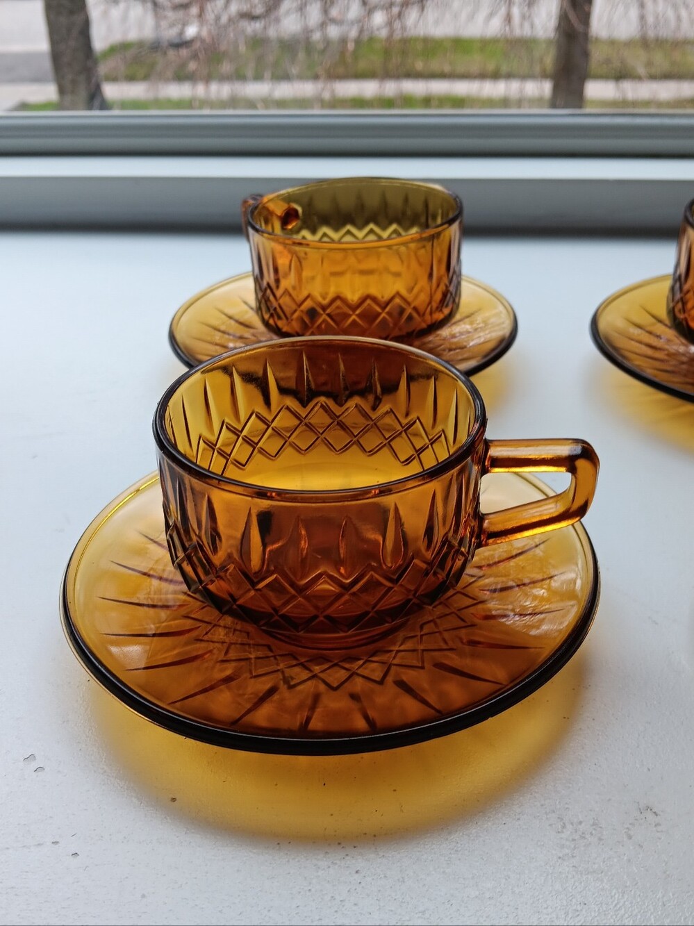 VINTAGE Amber Indiana Glass Diamond Cups  and Saucers, Set Of 4